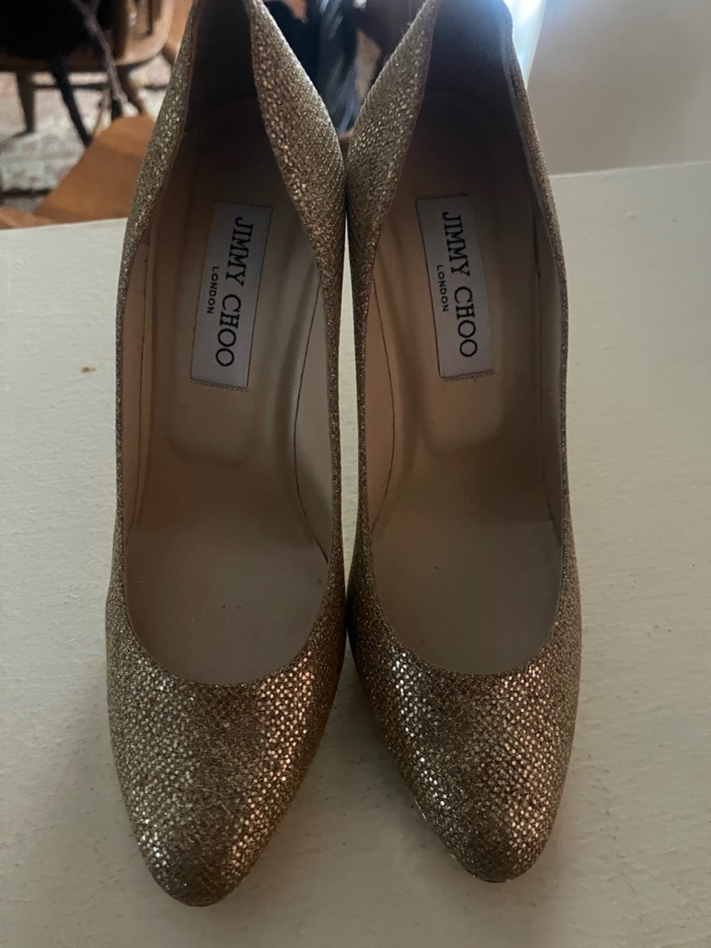 Jimmy Choo Gold Glitter Pointed Pumps